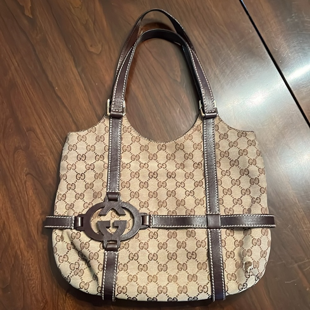 Gucci Beige Brown GG Canvas Shoulder Bag with Brown Leather Trim